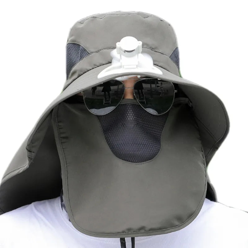 Charging Fan UPF 50+Wide Brim Sun Hat Men's Breathable Neck Protect Hiking Fishing Sun Hat Safari Outdoor Russian Boonie Hat