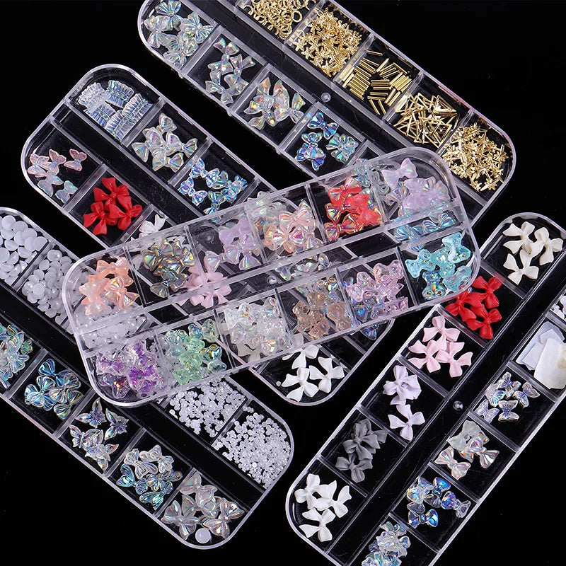 New Arrival 12 Grids Nail Rhinestone DIY  Decoration 3D Bear Butterfly Kawaii Resin Nail Art Charms