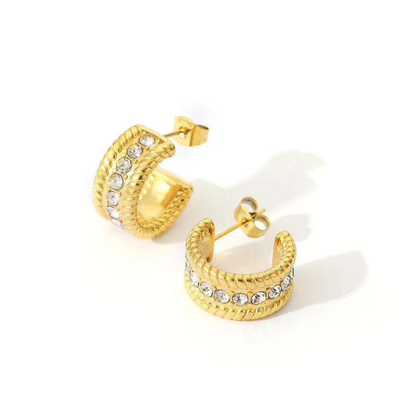 PVD 18K Gold Plated Wedding Bridal Wide Chunky Stainless Steel Rhinestone Crystal Open Hoops Earring for Women