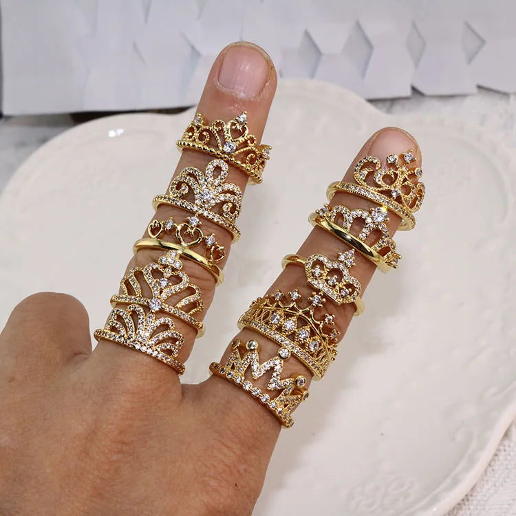 RM1548 Dainty 18k Gold Plated CZ Cubic Zirconia Princess Crown Tiara Ring Statement Promise Open Nesting Rings for Women Ladies