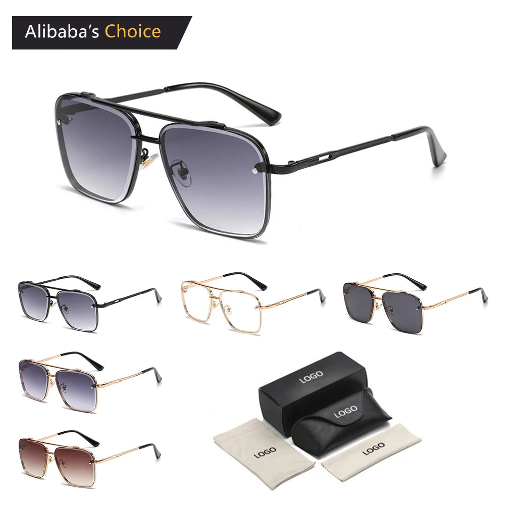New Style Luxury Sunglasses Fashion Double Bridge Metal Square Frame Shades Sunglasses for Men and Women