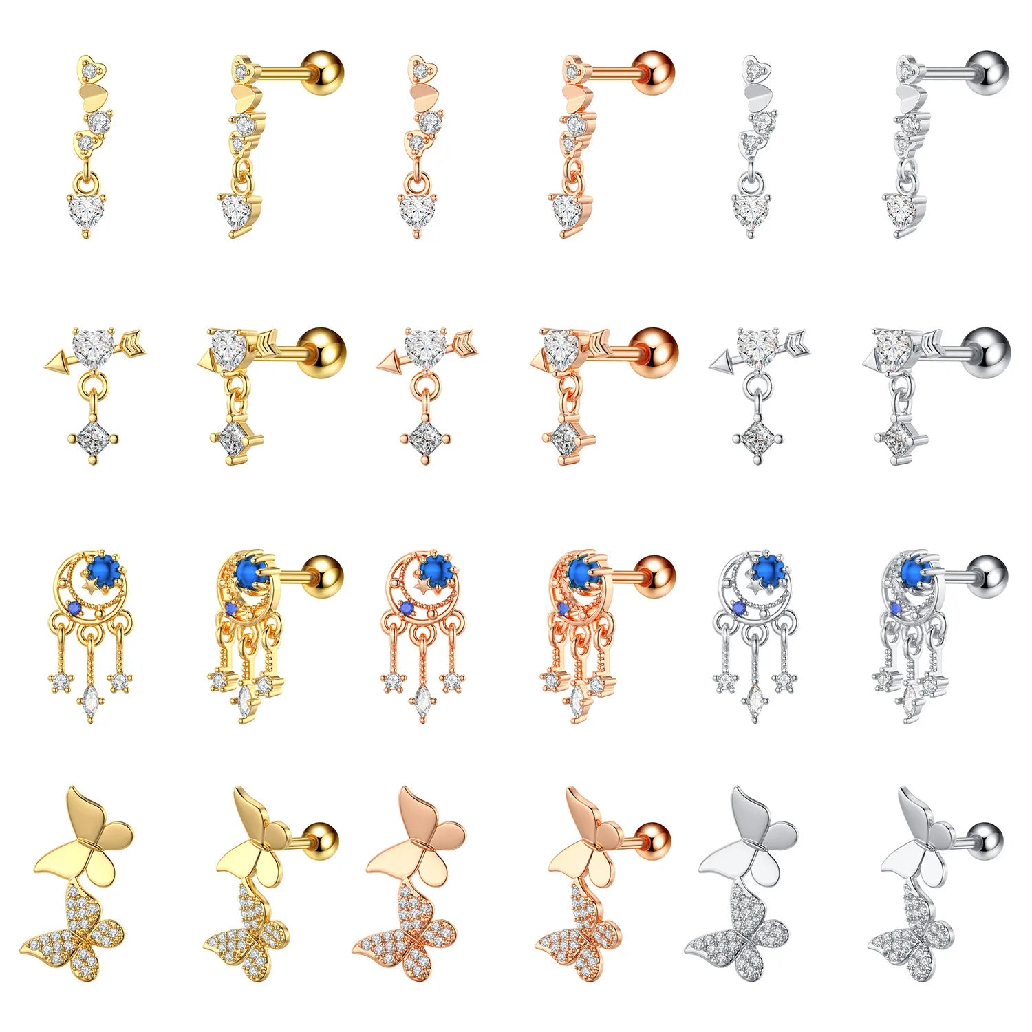Gaby Hot Sale Dangle  Heart Cartilage Studs Gold Earrings Cartilage Piercing Earrings Helix Wholesale Piercing Jewelry