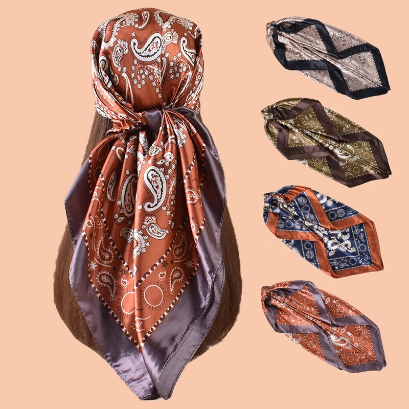 2025 New Perris Custom Design Cashew Flower Printed 90*90 Silk Gloss Satin Square Scarf for Women Plain Style for Spring