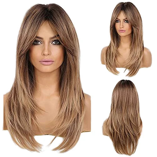 Women's Short Synthetic Wigs High Temperature Fibre Layered NO Lace Long Brown Hair