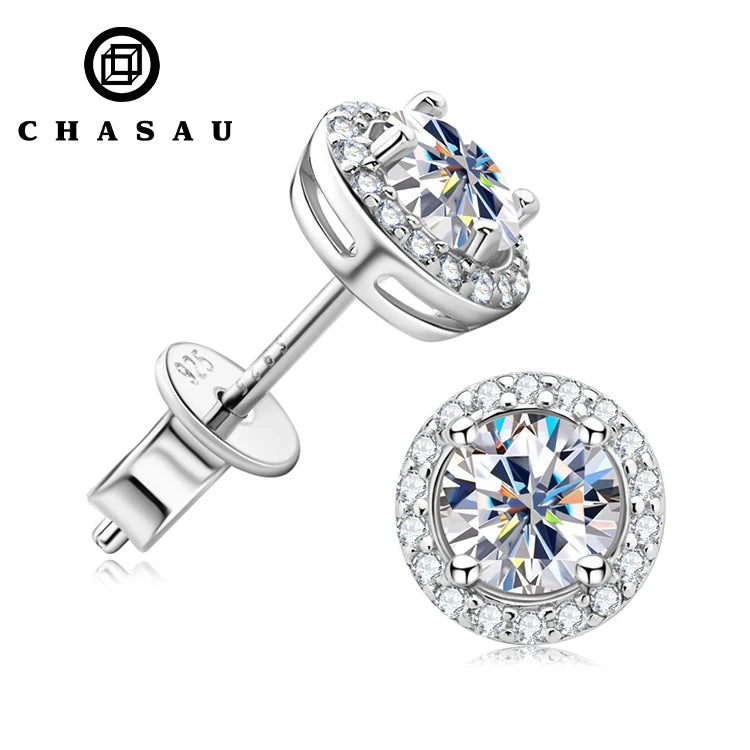 Hot Sale Classic Moissanite 925 Silver 14K White Gold Plated Round Cut 5mm 0.5ct Stud Halo Earrings