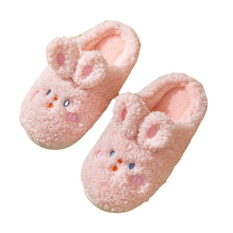 Winter Women Men Couple Fur Fluffy Plush Closed Toe Anti-Slip TPR Outsole Spring Home Cute Animal Rabbit Warm for