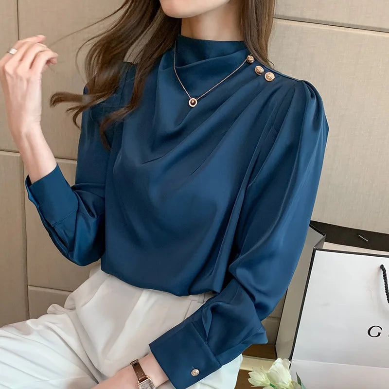 8325# Latest Top for Women Vintage Women Clothing Blouse & Shirts Satin Silk Solid Color Loose Fashionable Elegant Shirts