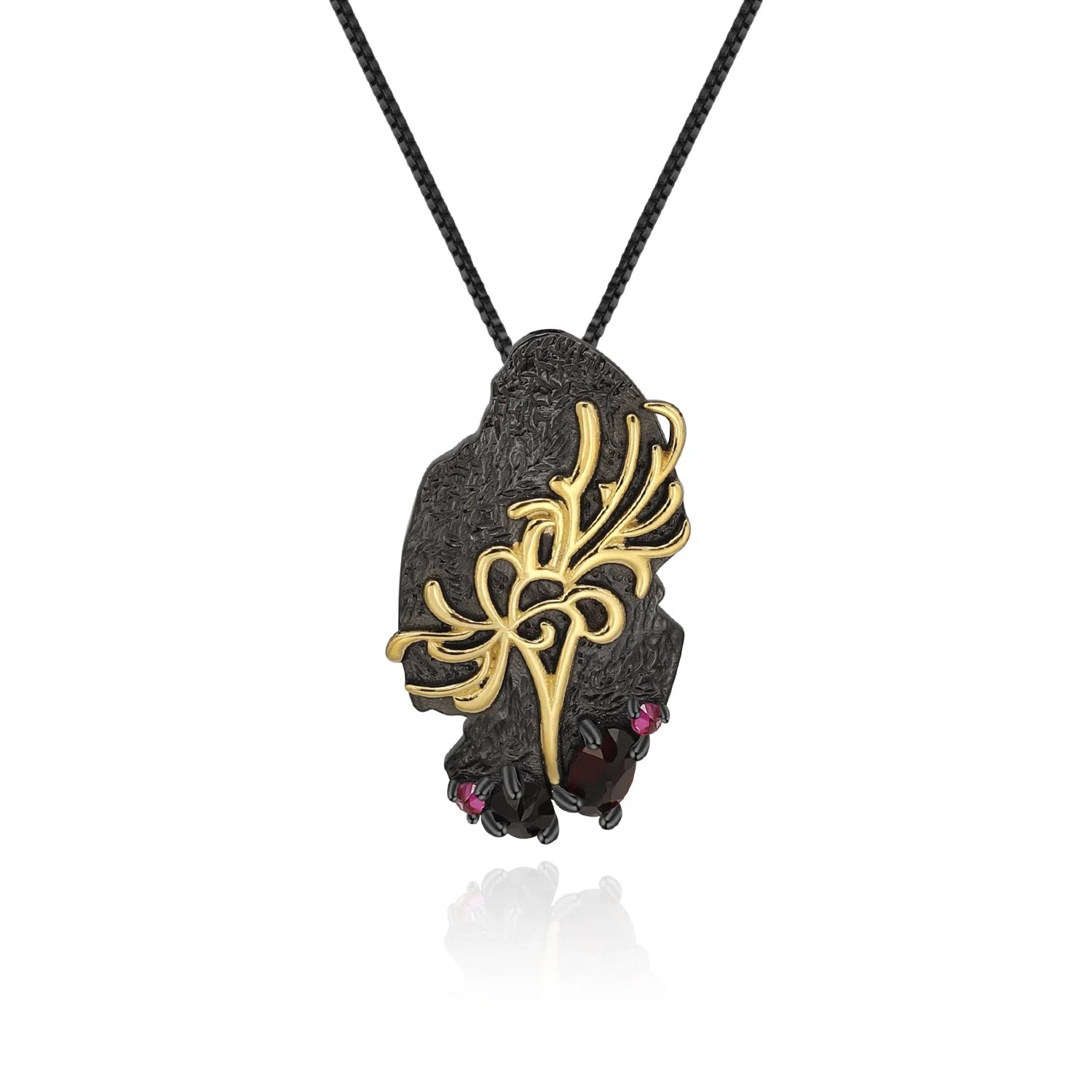 C7933 Abiding Natural Black Garnet 925 Sterling Silver Jewelry Handmade Equinox Flower Gold Plated Pendant Necklace for Women