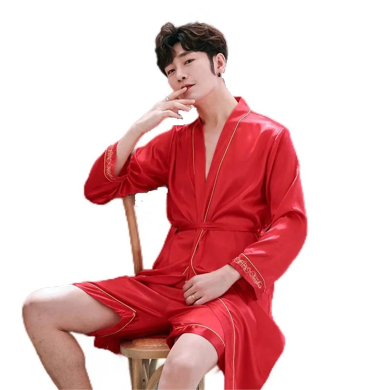 Red Luxury Satin Men's Bathrobe Good Luck EMB Pajamas for Men