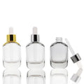 Hot Sell 30ml Customized Transparent Gold Silver Cover Upset Round Flat Essential Oil Glass Dropper Bottle