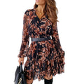 Add Neck Labels Free Women Casual Pleated Dress V-Neck Long Sleeve Vintage Floral Dress