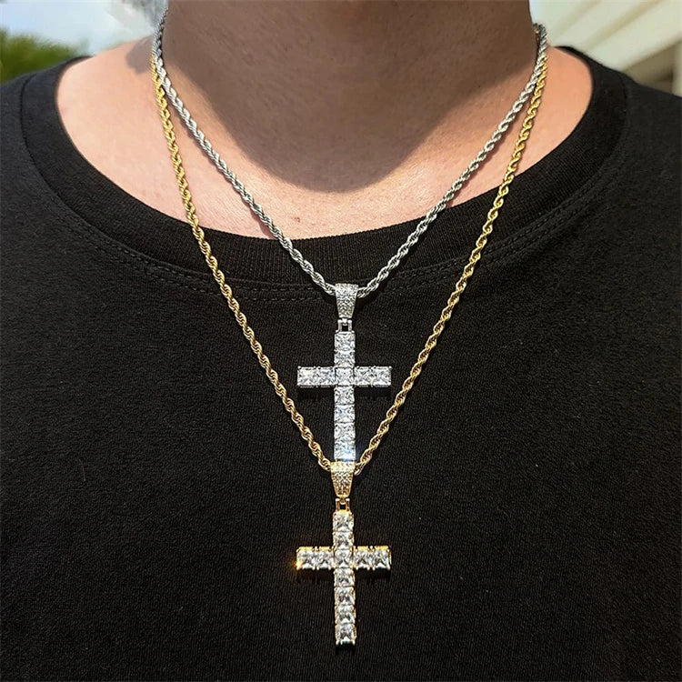 Wholesale Gold Plated Brass Trendy Zircon Iced Out square Shape Cross Pendant Necklace