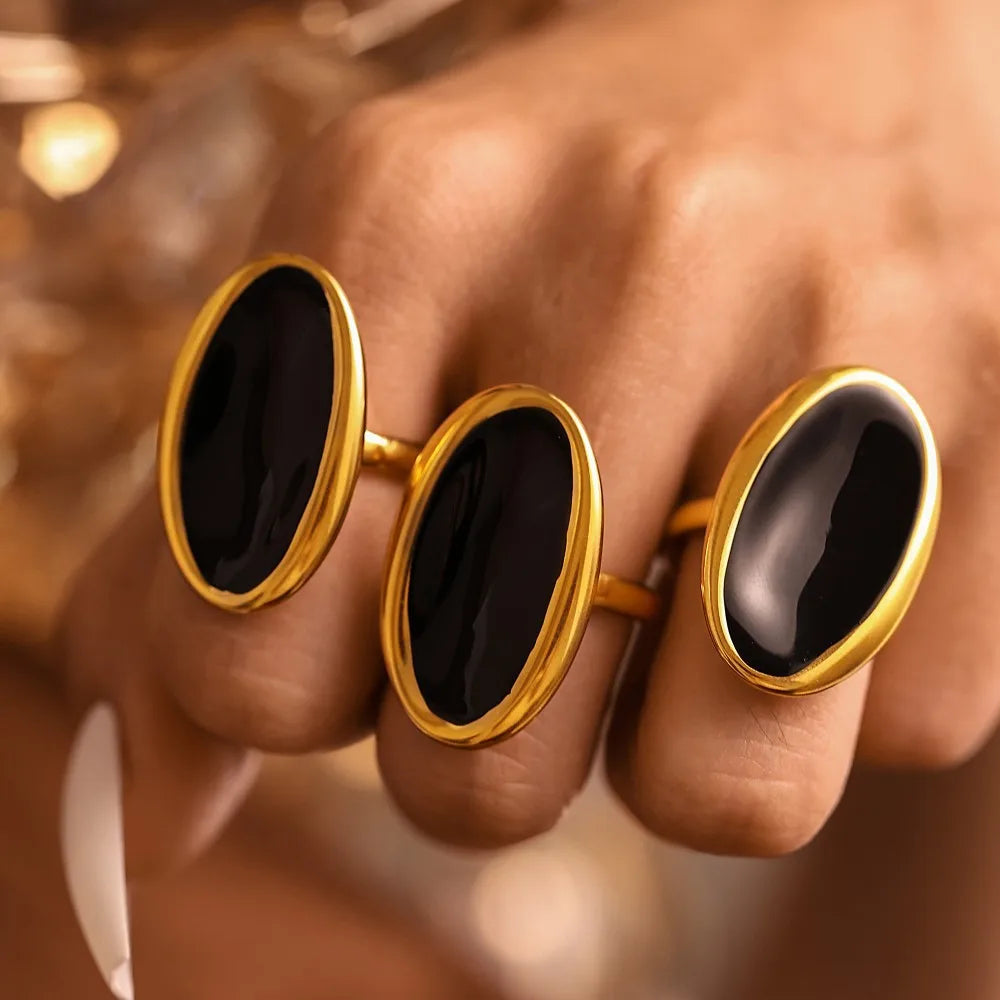 Ilona Vintage Chunky Rings Exaggerated Design with Elliptic Opening 18K Gold Plated Stainless Steel
