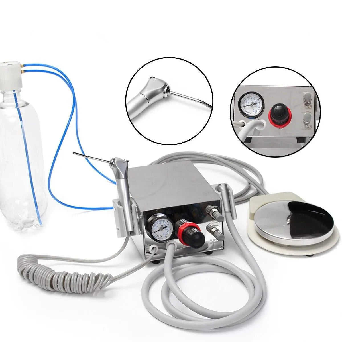 Dental Lab Portable Air Turbine Unit Metal Shell 2 / 4 Hole with Water Bottle and Three Way Syringe Work With Air Compressor