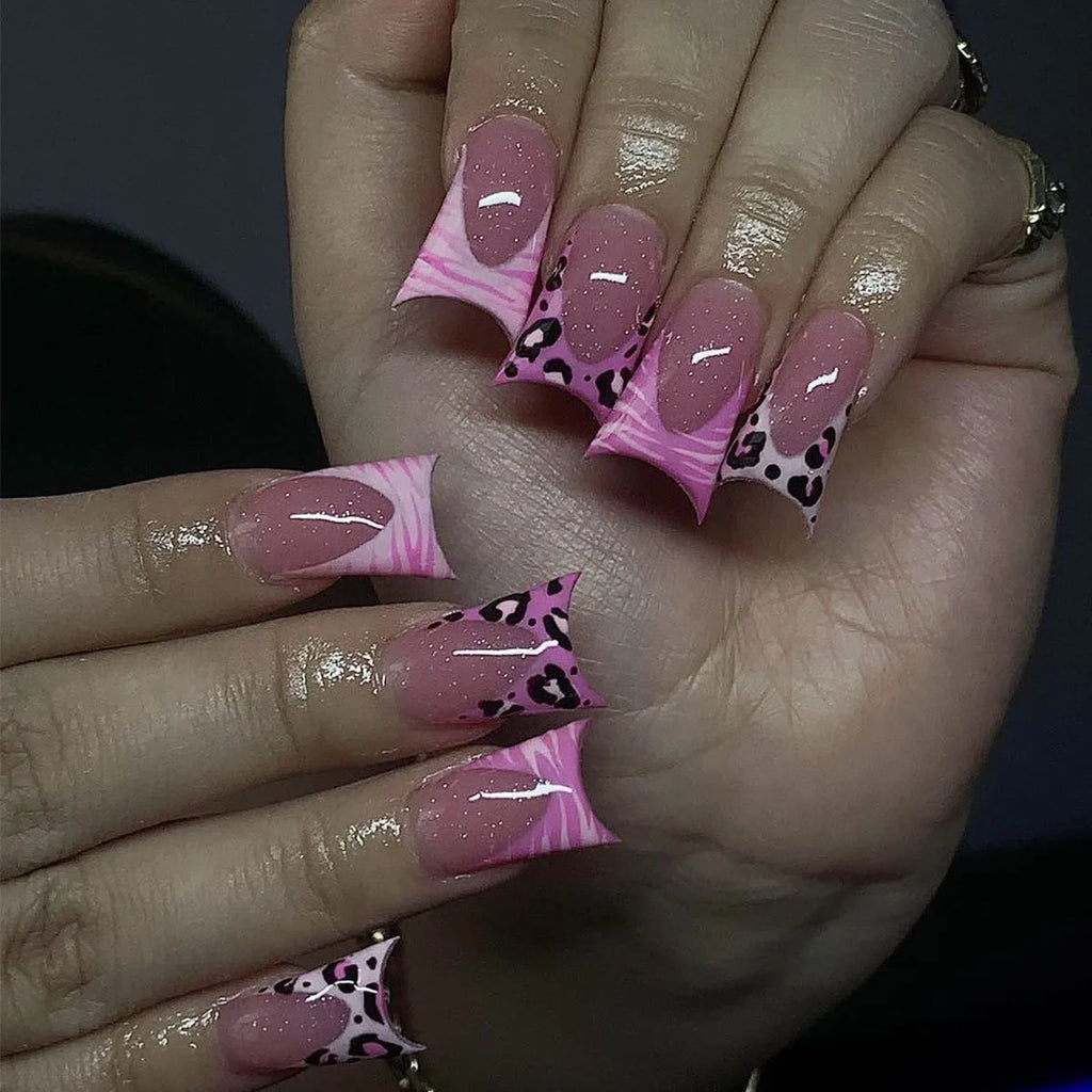 24 Pcs/set wholesale Flare Duckbill Shape Pink Leopard Print French Edge Design Art Nail Tips Press on Nails Wholesale A4-01-11