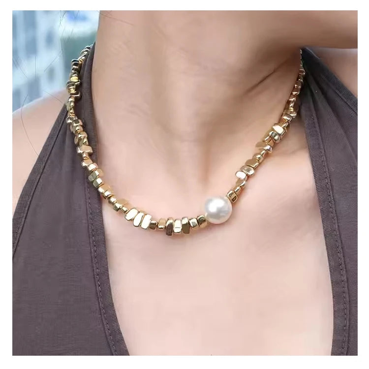 Chris April Chunky Jewelry 316L Stainless Steel PVD Gold Plated Ore Crushed Stone Man-made Pearl Chain Necklace