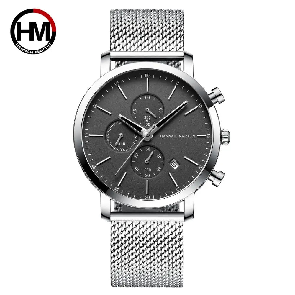 HANNAH 1090K Classy Silver Mens Quartz Watch Nice Mesh Strap Waterproof Auto Date Concise Business Wristwatch