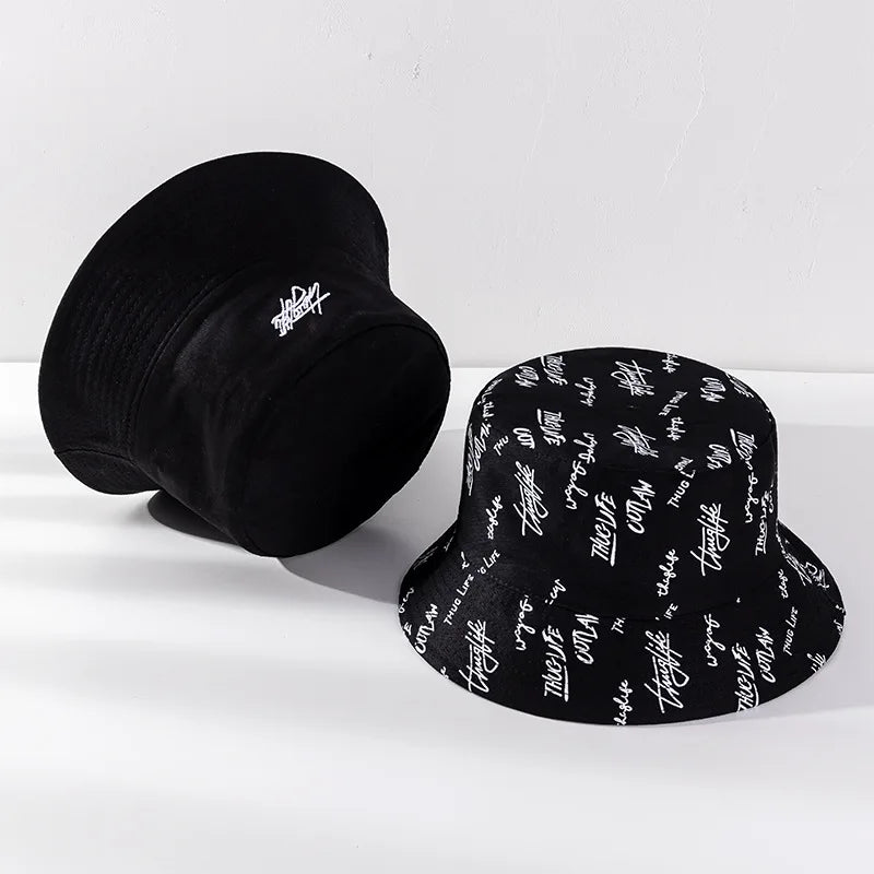 Two Side Bucket Hat One Side With Embroidery Logo on Front One Side With All Over Printed Logo Reversible Bucket Hat