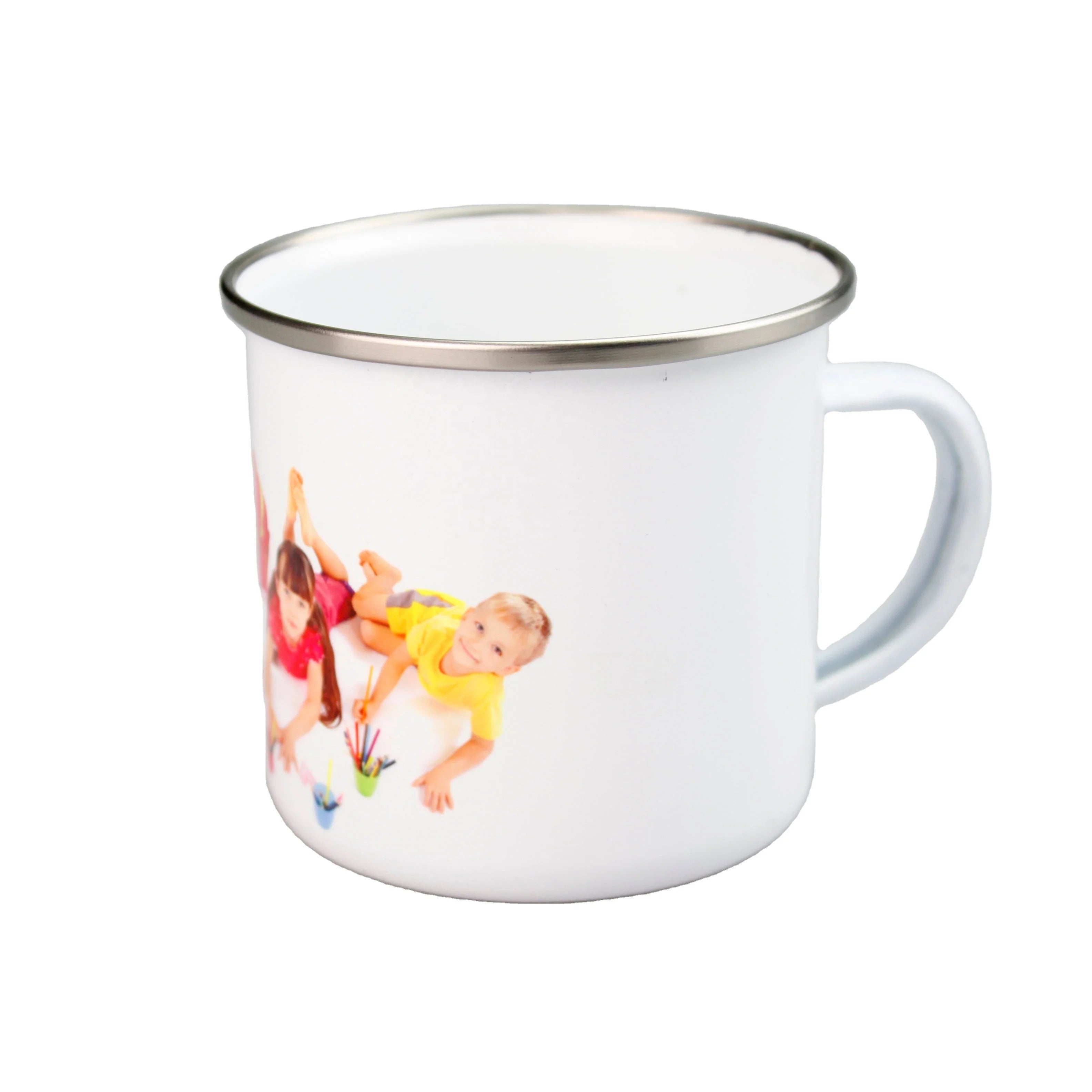 Custom Logo Pattern Enamel Metal Camper Mug With Silver Rim Blank White Enamel Mug for Heat Sublimation LOGO Customized