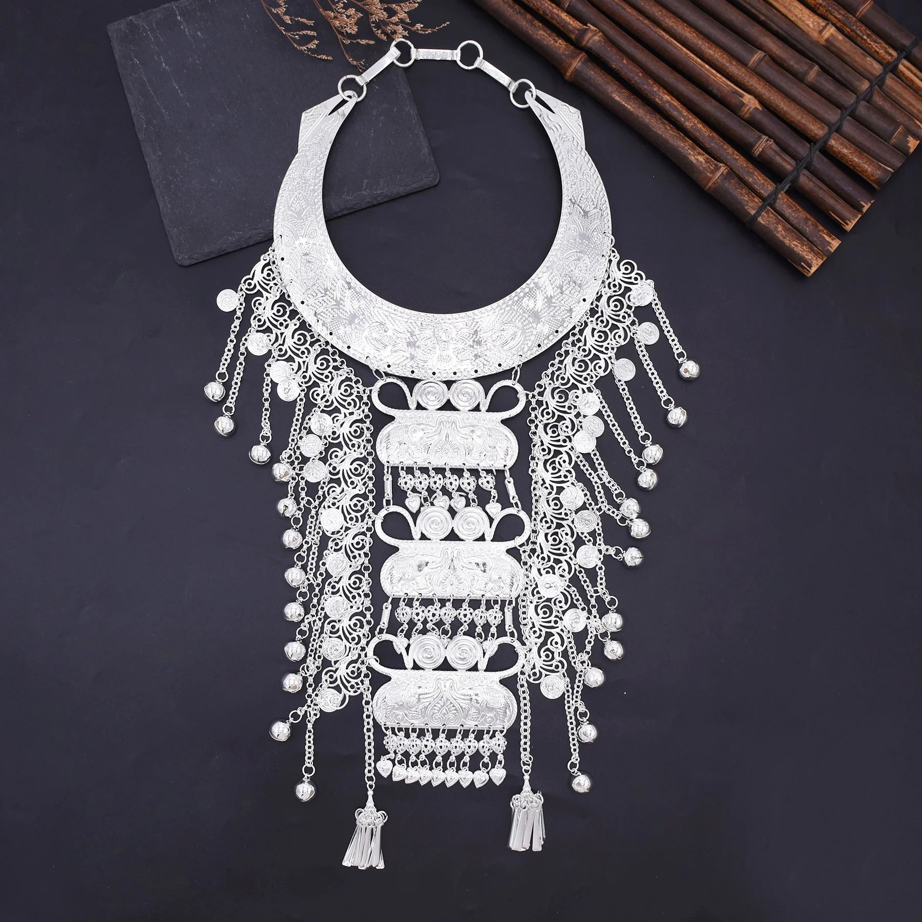 New Silver Plated Bells Tassel Heavy Craft Necklace Retro Exaggerated Large Choker Ethnic Style Statement Necklace