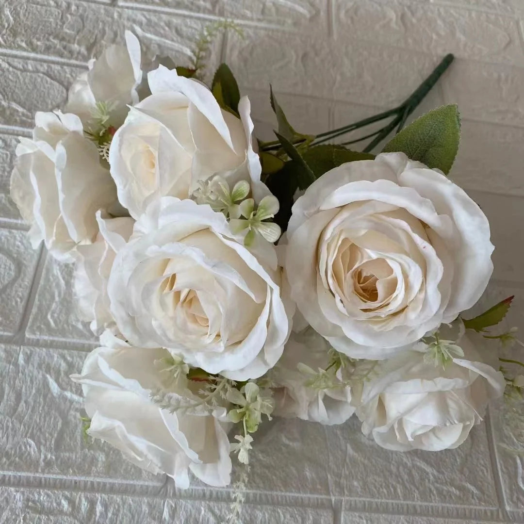 9 Heads White Silk Rose Artificial Flower Bouquets Wedding Home Party Decor