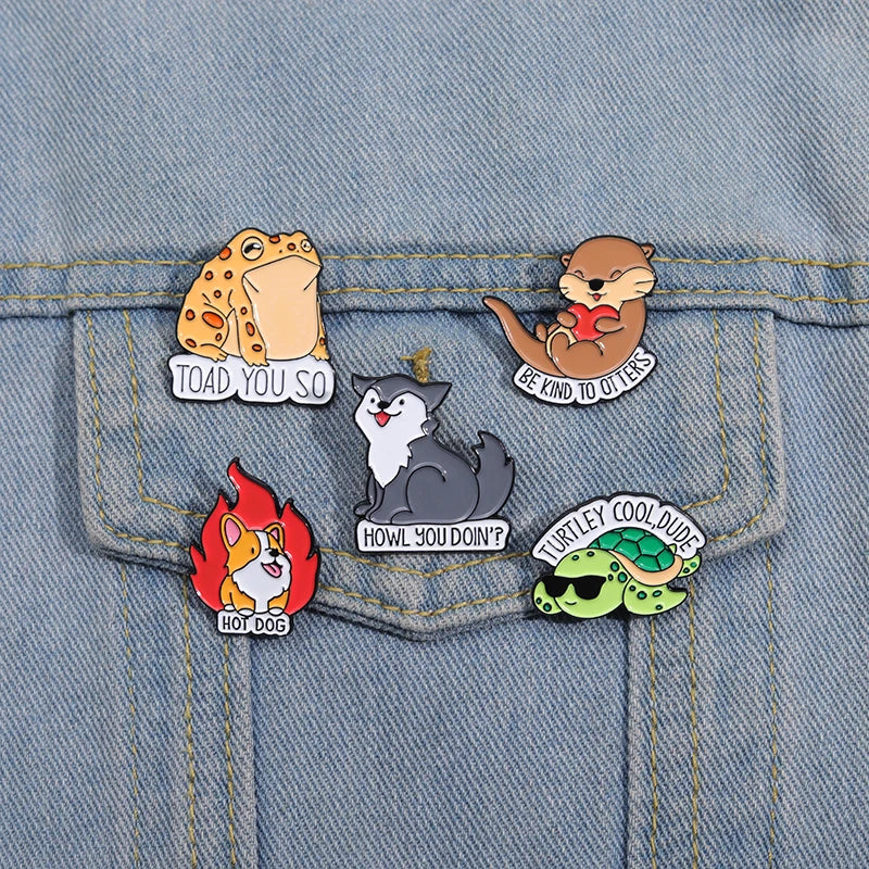 Cute Animal Dog Frog Enamel Brooch Text Hot DOG Backpack Badge Clothing Accessories Gift Jewelry for Friends