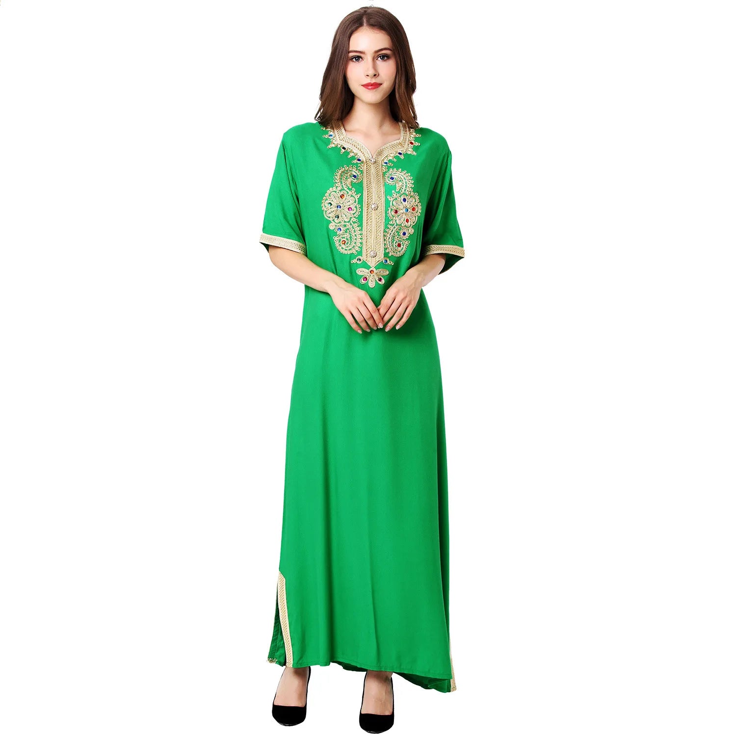 Embroidery Rayon Islamic Muslim Women's Abaya Kaftan Traditional Wear Short Sleeve Casual Formal Evening Dress