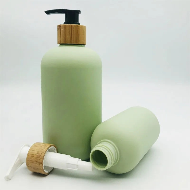 Luxury Green Color Cosmetic Packaging Bottles 8oz 16oz  Matte Green Shampoo Body Lotion Cleansing Oil Bottle with Bamboo Pump