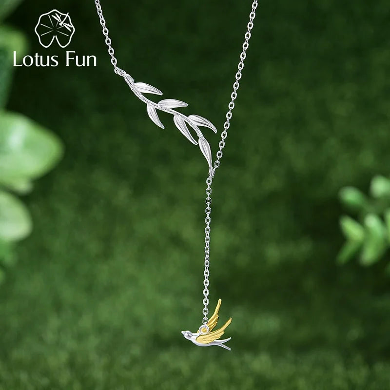 Lotus Fun Handmade 925 Sterling Silver18k Gold Plated Swallow Willow Branch Asymmetric Necklace Chain Luxury Jewelry for Women