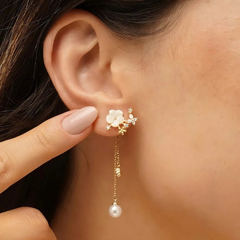 Dainty Natural Pearl Flower Dangle Earrings Drop Long Pearl Wedding Earring Bridesmaid Gift for Her