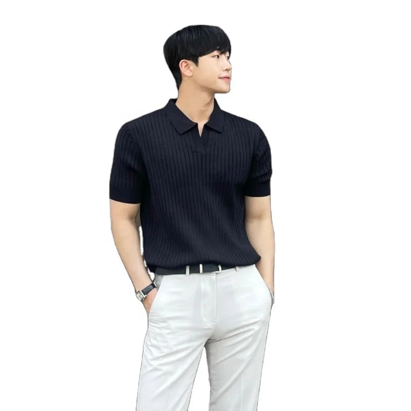 Wholesale Men's Custom Label Striped Knit POLO Shirt Short Sleeve Ice Silk Breathable Loose Casual Base Shirt Heavy T-shirt