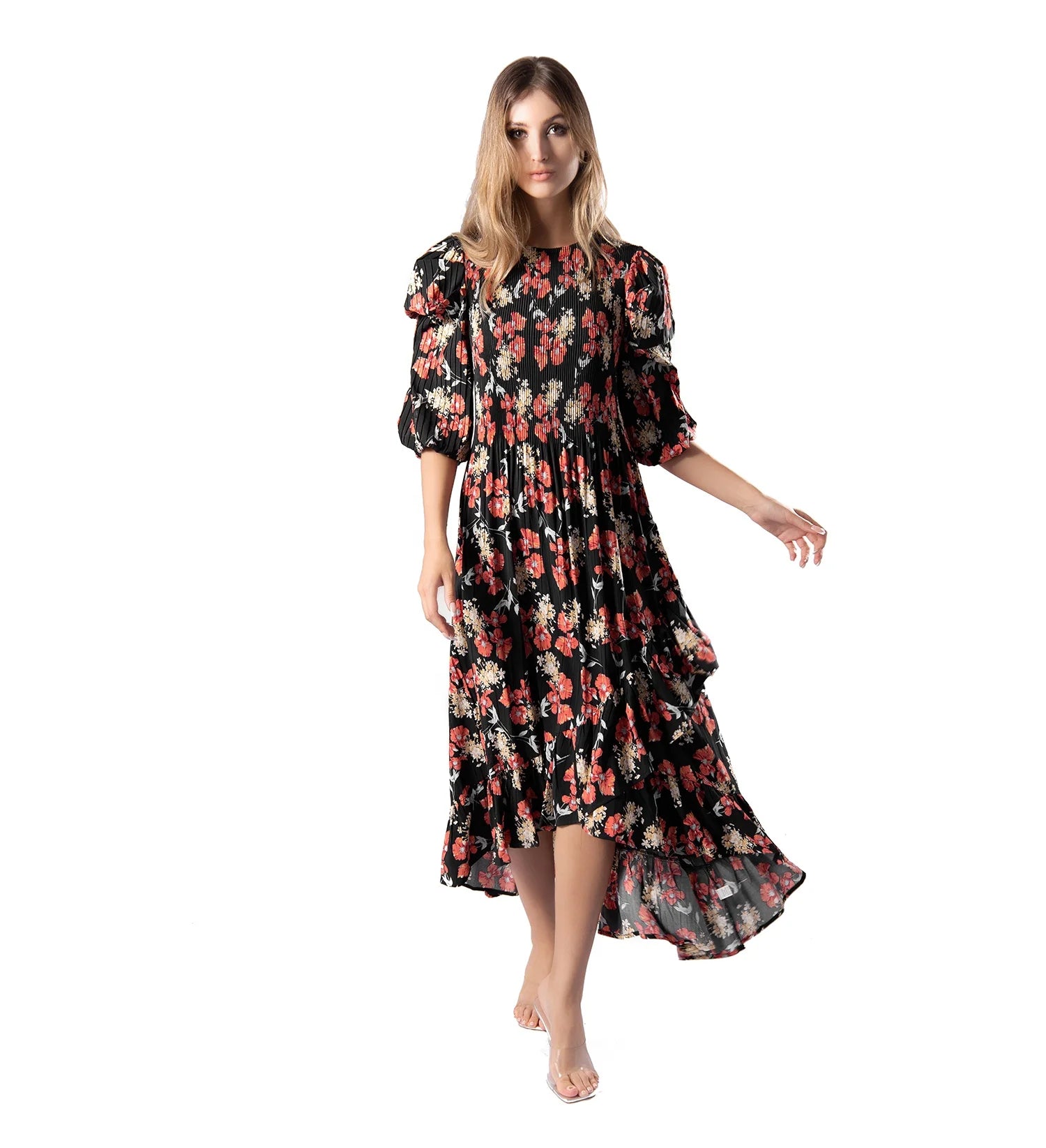 Miyake Boho Floral Pleated Long Sleeve Soft Dresses for Women'sVestido Robe De Mujer Casual Elegante Luxury Mix Modest Dress