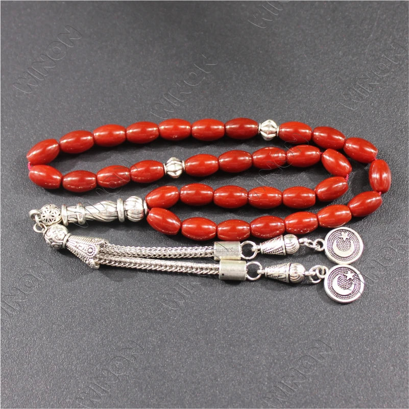 33 Tasbih 6*9mm Oval Natural Red Agate Muslim Gemstone Prayer Beads Misbaha Islamic Rosary Arabic Fashion Eid Ramadan Gifts