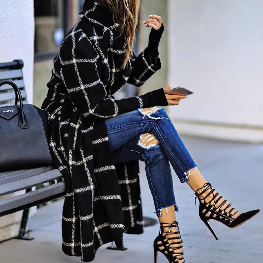 Women's Parkas Pockets Overcoat Belted Jackets Women Long Plaid Coats Casual Hood Coat Autumn Winter Girls Streetwear New Coat