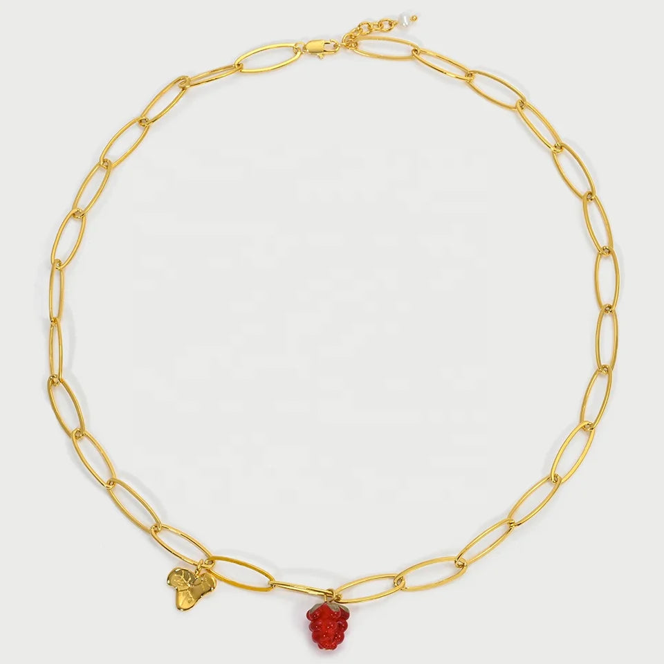 Fashion Brass Gold Plated Natural Freshwater Pearl Red Glaze Raspberry Necklaces Women Jewelry Gifts Customized