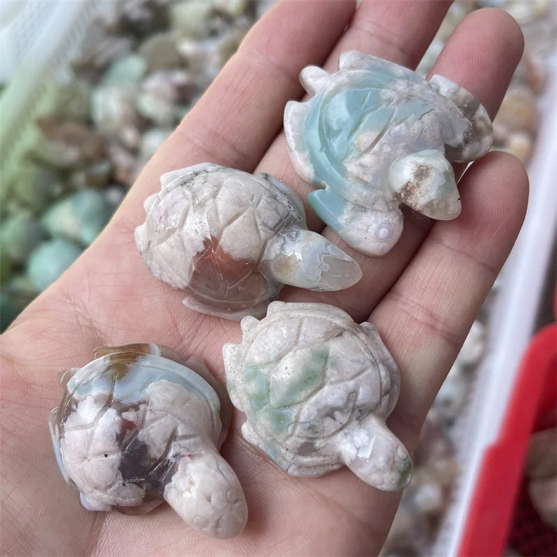 Natural Crystal Carving Craft Healing Crystal Cherry Blossom Agate Turtle Flower Agate Tortoise for Gifts