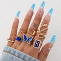 7pcs/set Women Fashion Knuckle Finger Ring Set Gold Blue K Letter Serpentine Butterfly Cross Crown Diamond Chain Ring