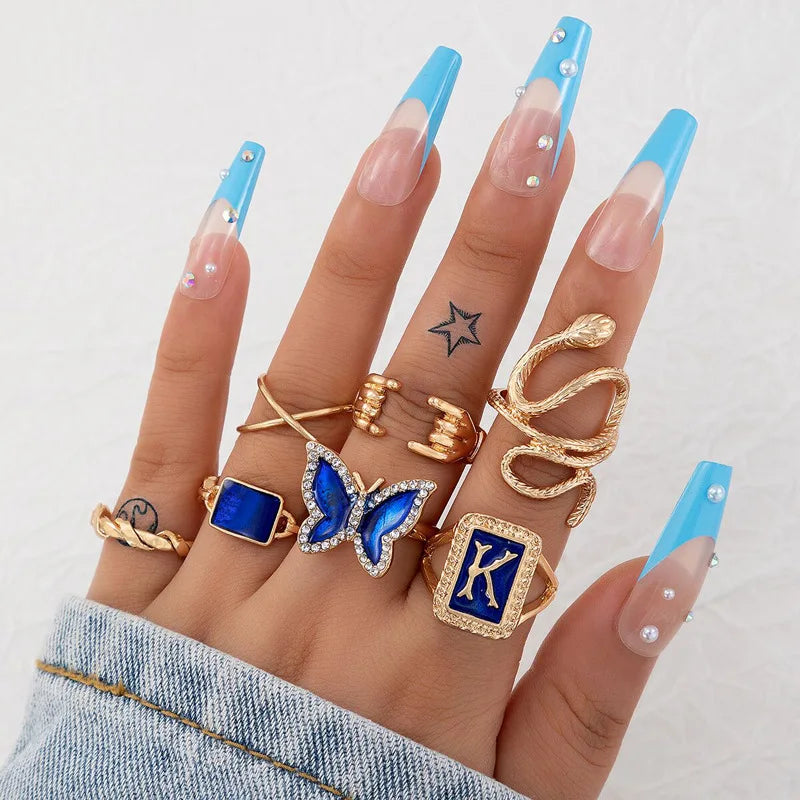 7pcs/set Women Fashion Knuckle Finger Ring Set Gold Blue K Letter Serpentine Butterfly Cross Crown Diamond Chain Ring