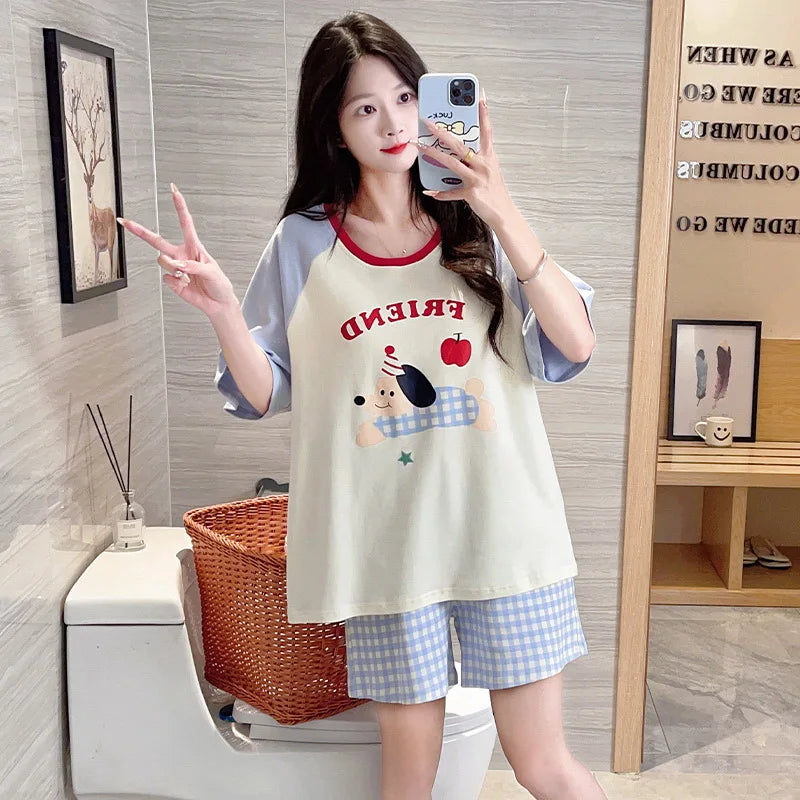 Women's Sleepwear Short Sleeved T-shirt Pants 2 Pcs Cotton Lounge Wear Cute Cartoon Pajama Set