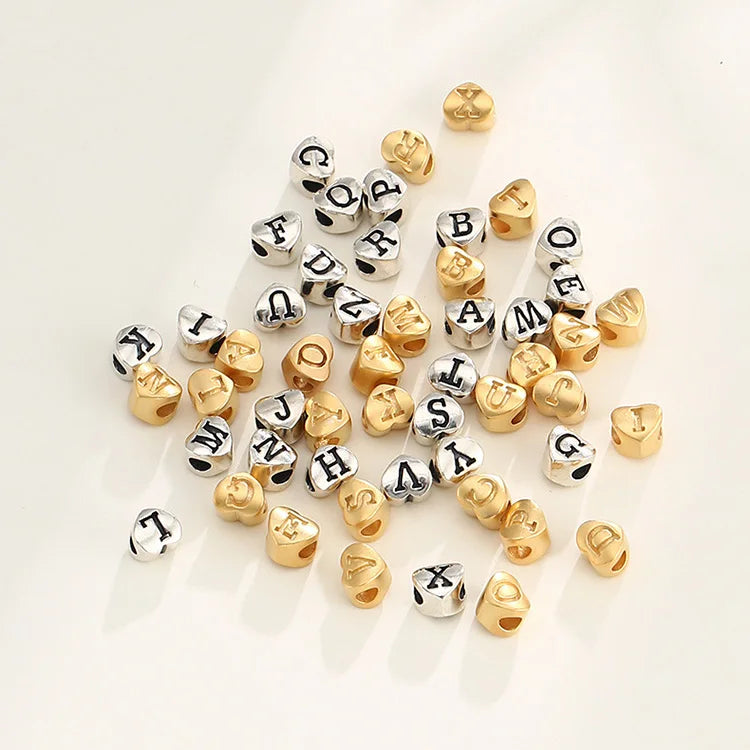 6mm Initial Letter Beads Large Hole Matte Gold 925 Sterling Silver A-Z Heart Shaped Letter Charm Beads for Jewelry Making