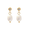 18k Gold Plated Stainless Steel Natural Freshwater Pearl Round Cubic Zirconia Pendant Earrings