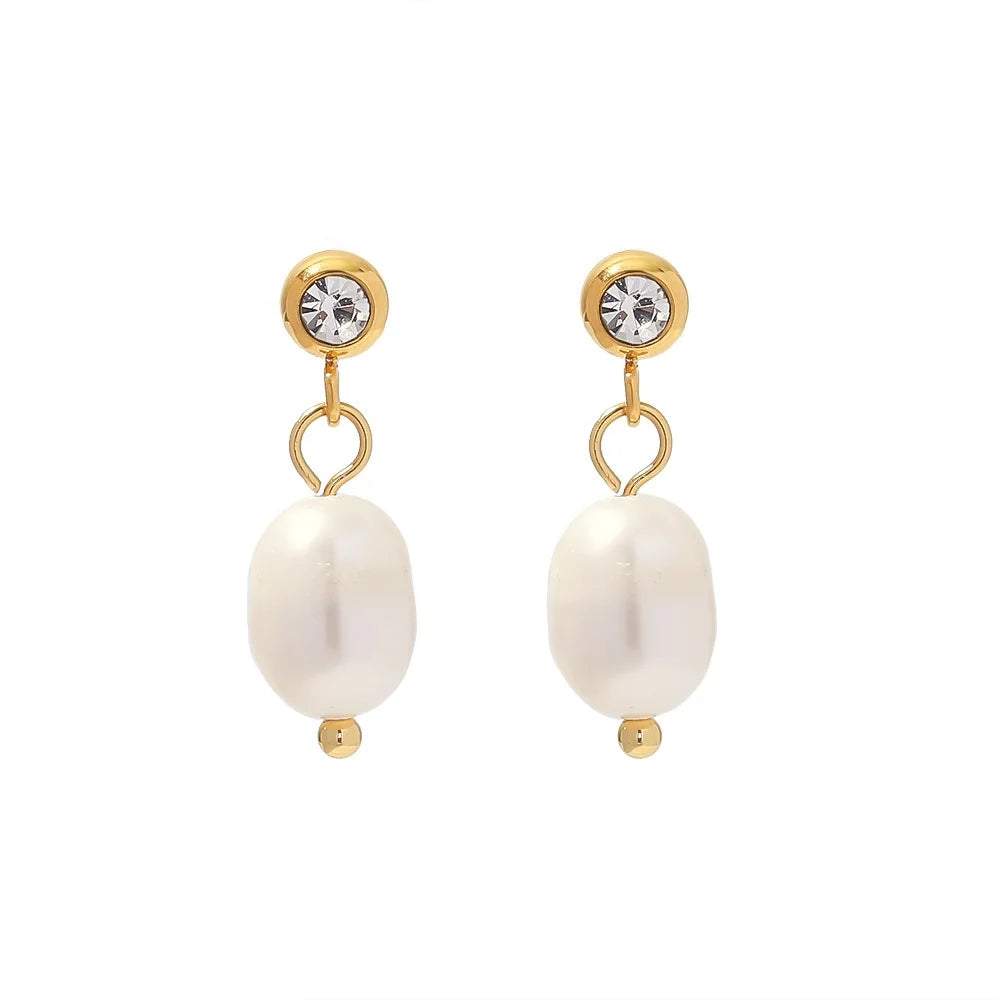18k Gold Plated Stainless Steel Natural Freshwater Pearl Round Cubic Zirconia Pendant Earrings