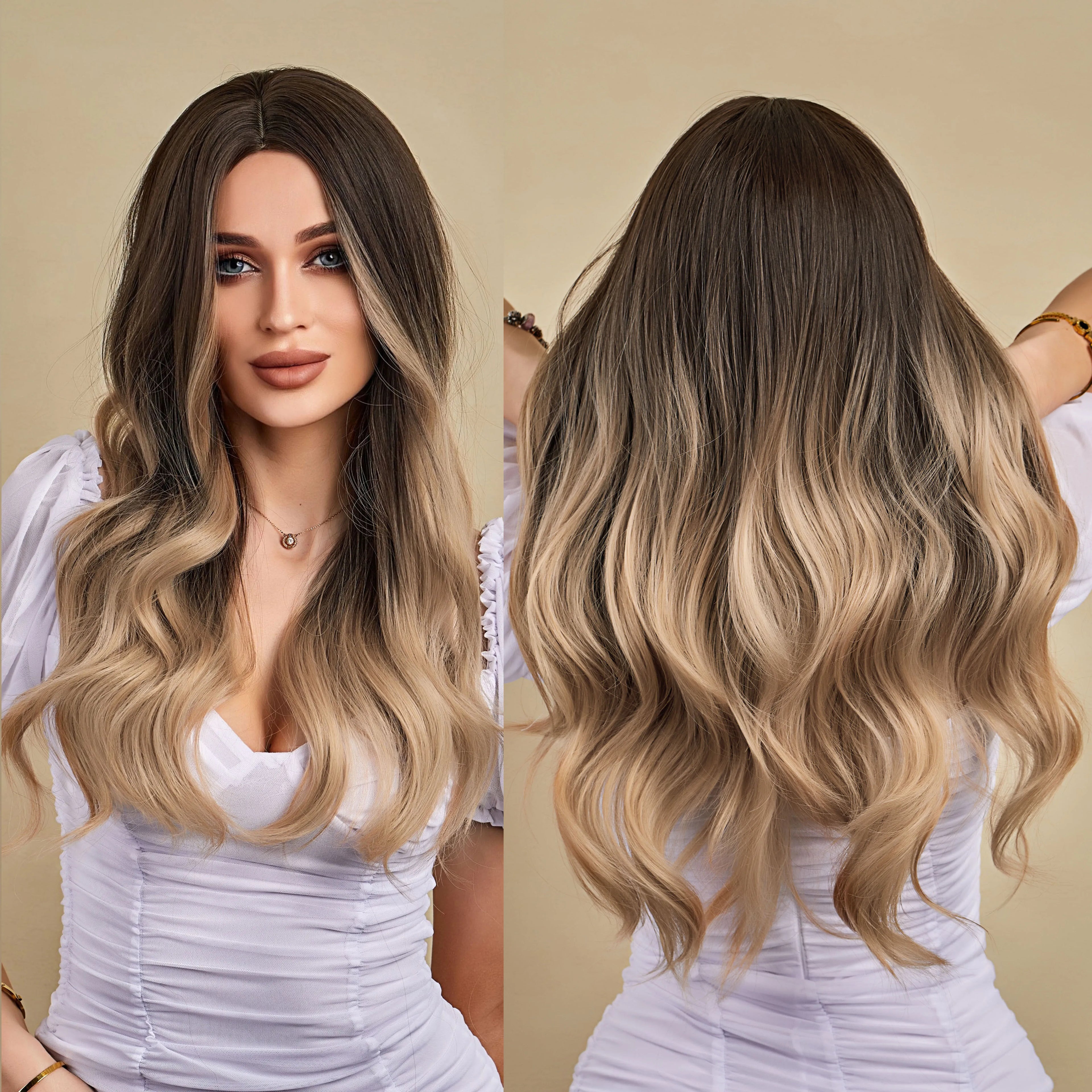 HAIRCUBE Synthetic Wig Brown Ombre Blonde Long Wavy Natural Wavy Heat Resistant Fiber for Women Synthetic Wigs Wholesale