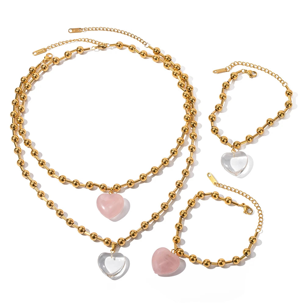 Waterproof 18K Gold Plated Stainless Steel Fashion Jewelry Transparent Heart Bracelet &Necklace Set