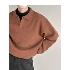 Autumn Winter Retro Korean Style V-Neck Pullover Boys' Trendy Polo Lapel Loose Knit Inner Bottoming Sweater Made of Polyester