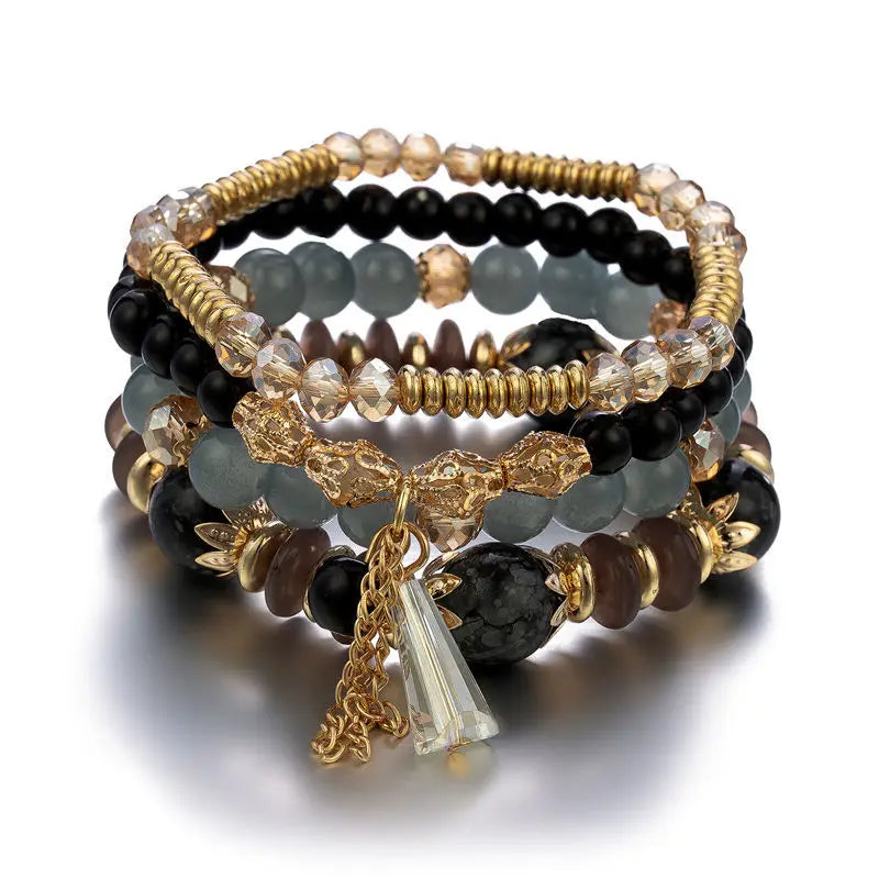 Wholesale Bohemia Gold Plated Pink Multi-color Cute Girls Multi-layer Crystal Beads Tassel Unisex Bracelet Set for Wedding Gift
