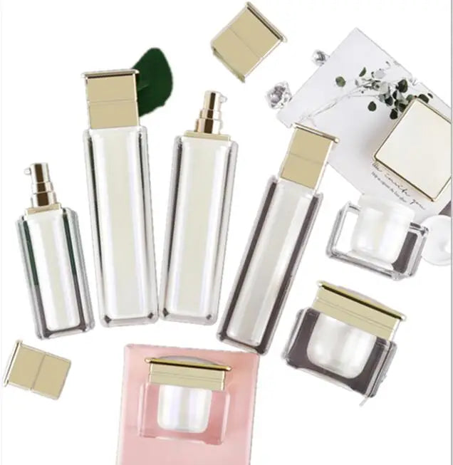High End Serum Cosmetic square Pearl White and Gold Bottles 30g 50g 15ml 30ml 50ml 100ml Acrylic Cosmetic Package Container