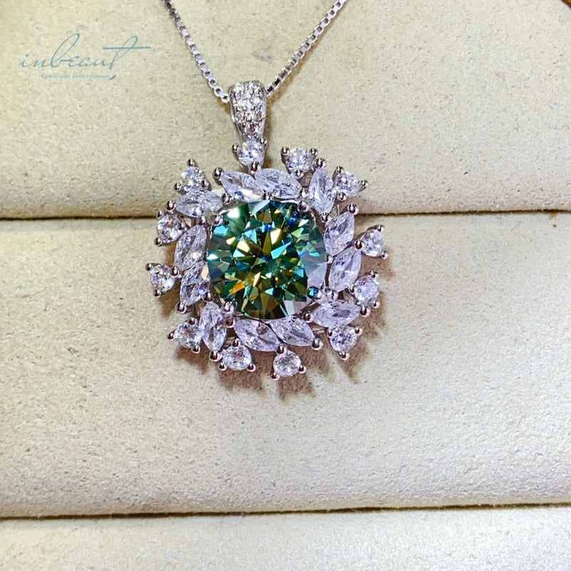Silver 925 Original 5 Carat Brilliant Cut Diamond Test Past Green Moissanite Blossom Pendant Necklace for Teen Girl Fine Jewelry