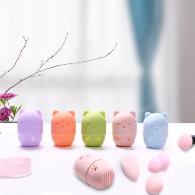 Travel Portable Silicone Kitty Shape Quick-drying Puff Protective Cover Make-up Egg Beauty Tool Capsule Storage Box