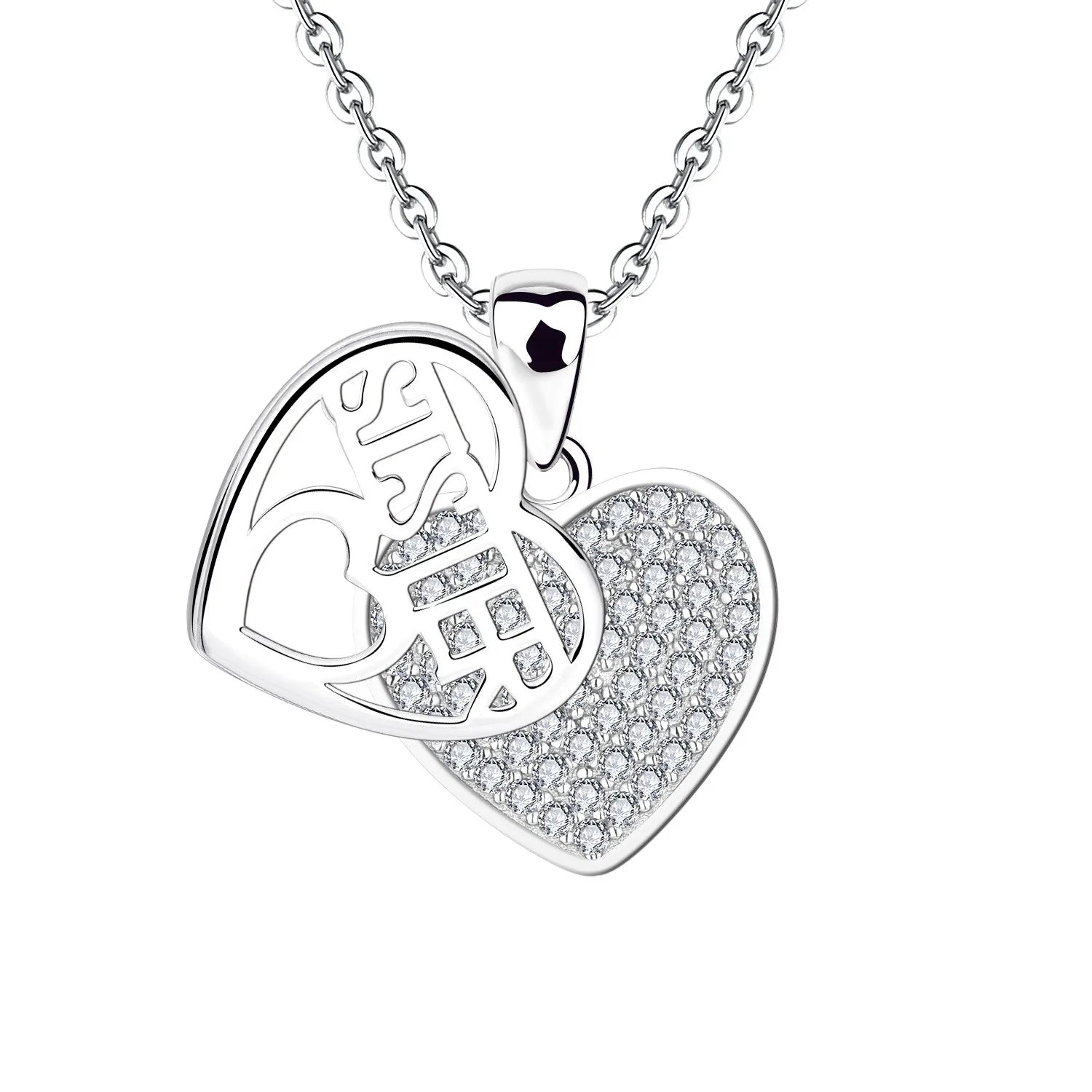 Simple Design Zircon 925 Sterling Silver Sister Double Love Heart Pendant Sterling Silver Necklace